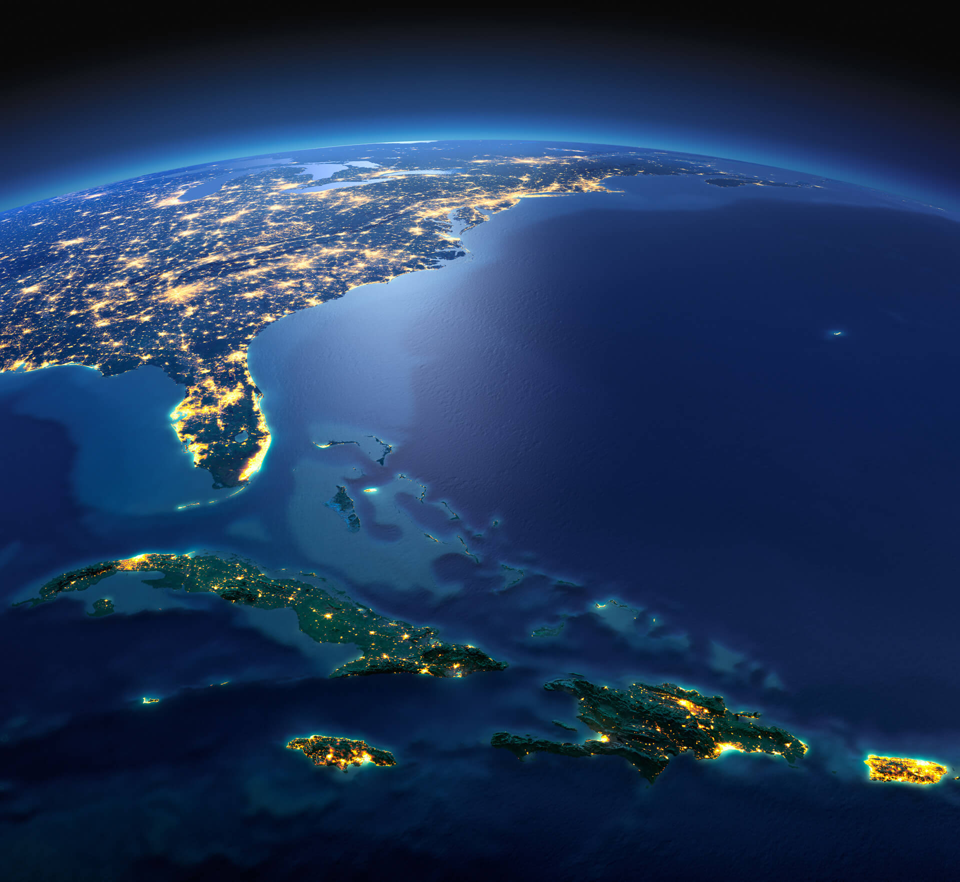 Florida in Night Earth Map with Cuba Haiti Jamaica